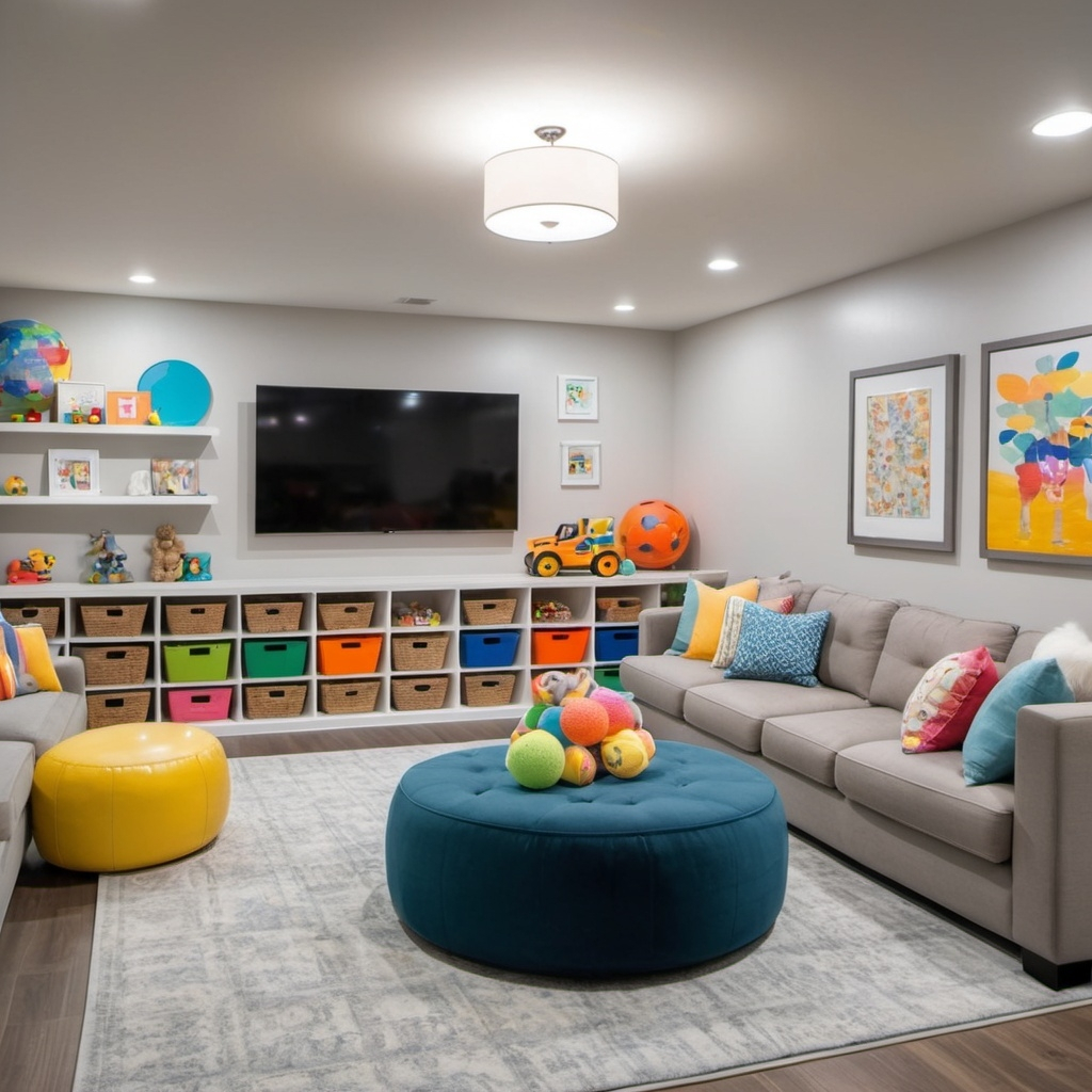 A finished basement with games room and tv