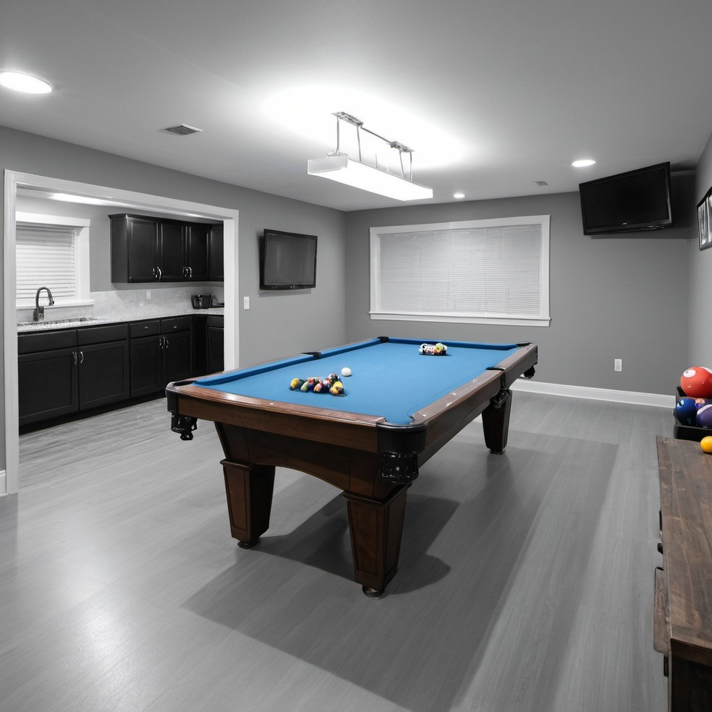 A newly renovated basement games room with a pool table and gray vinyl floors