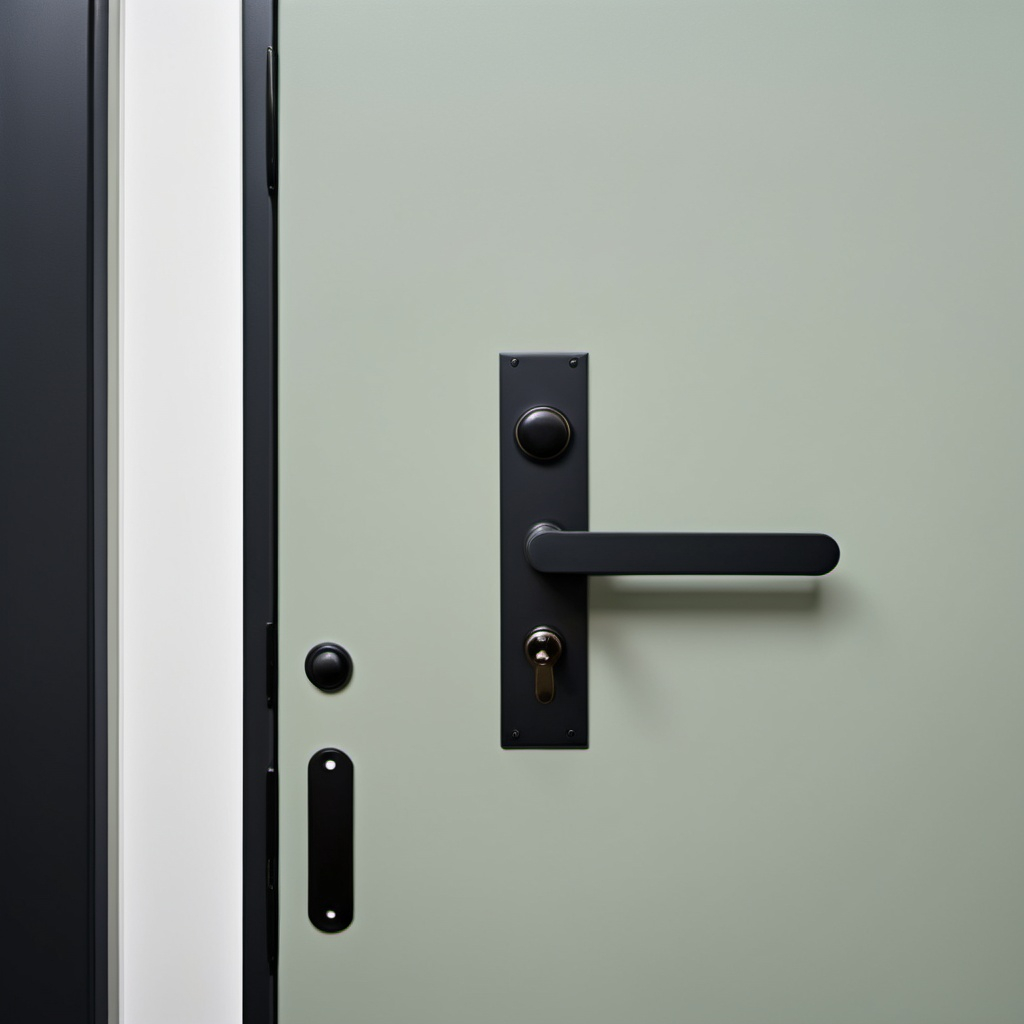 Sage door with flat profile and modern black hardware