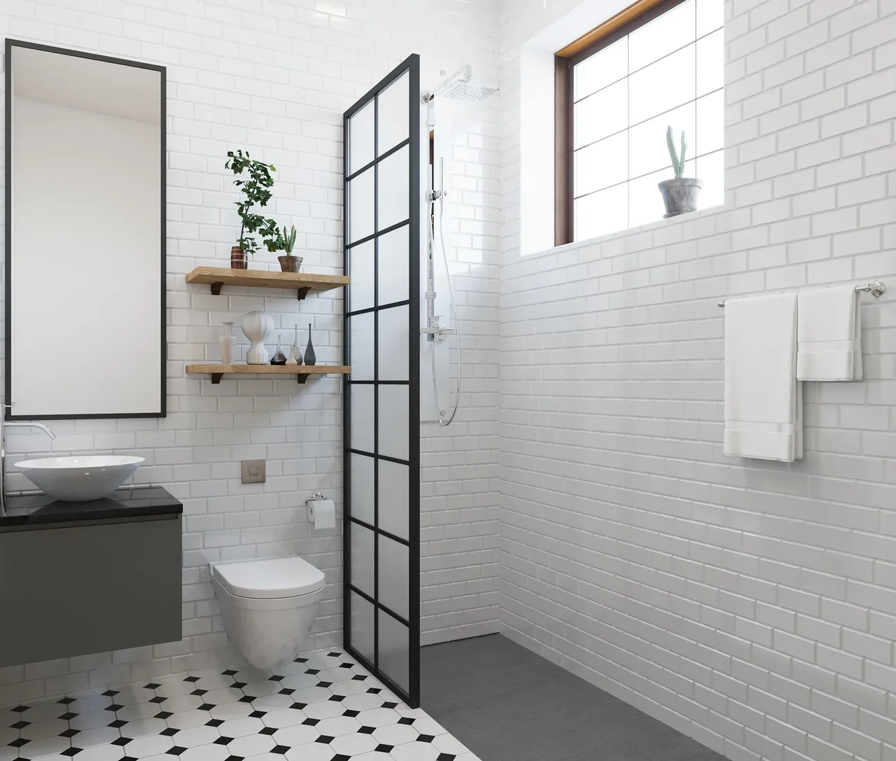 bathroom renovation Vancouver with white subway tiles and curbless shower