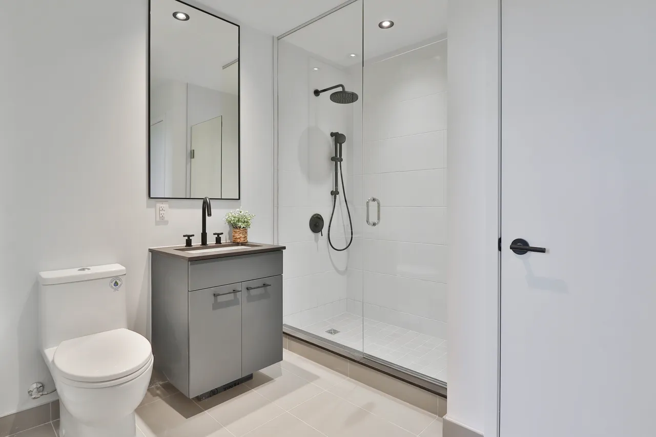 small bathroom with gray vanity and dual flush toilet