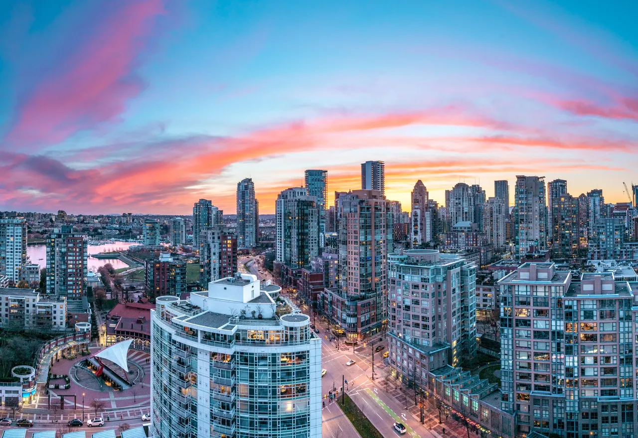 colorful skyline shot taken from Yaletown in Vancouver