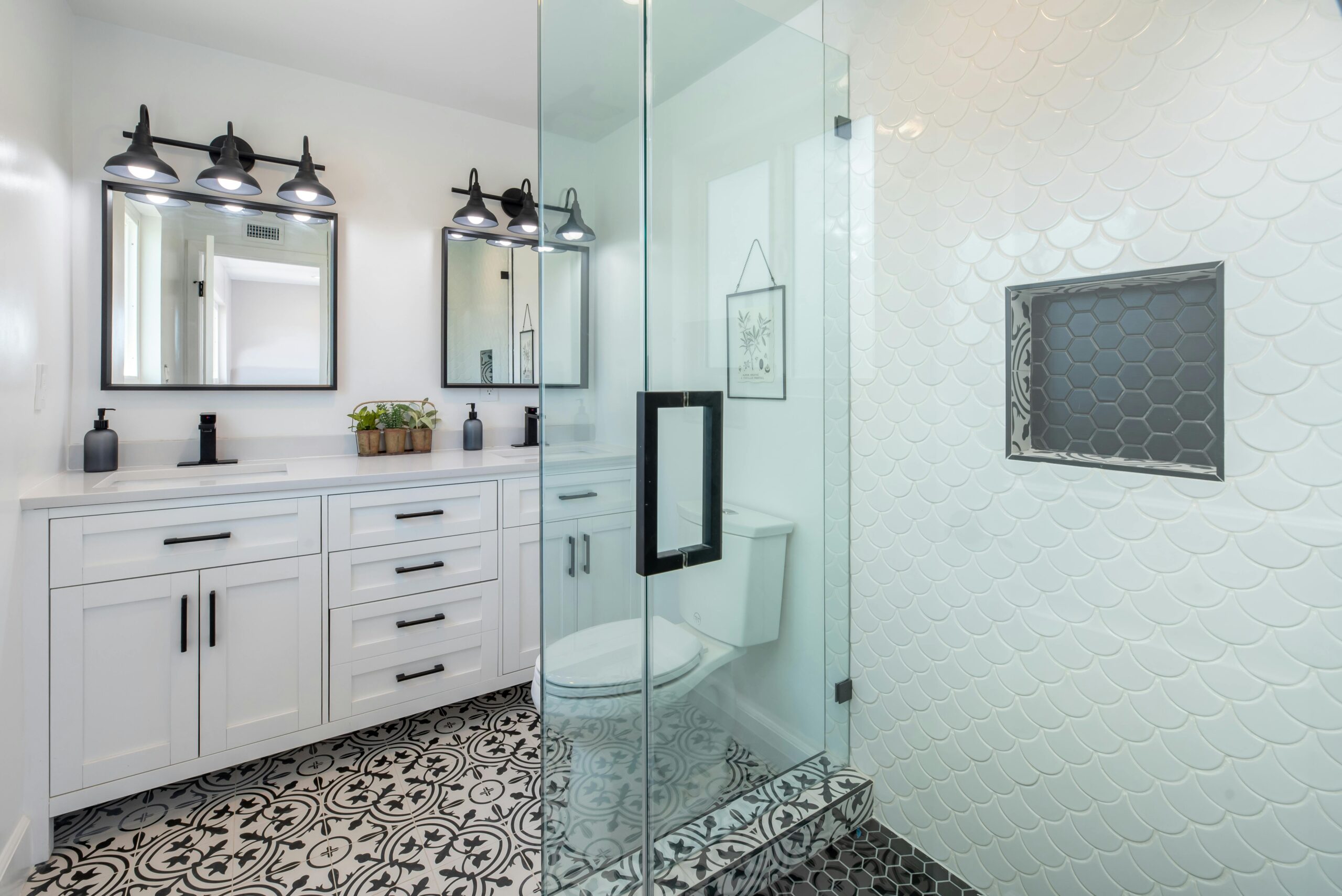 Vancouver bathroom renovation with white subway tiles and grey niche