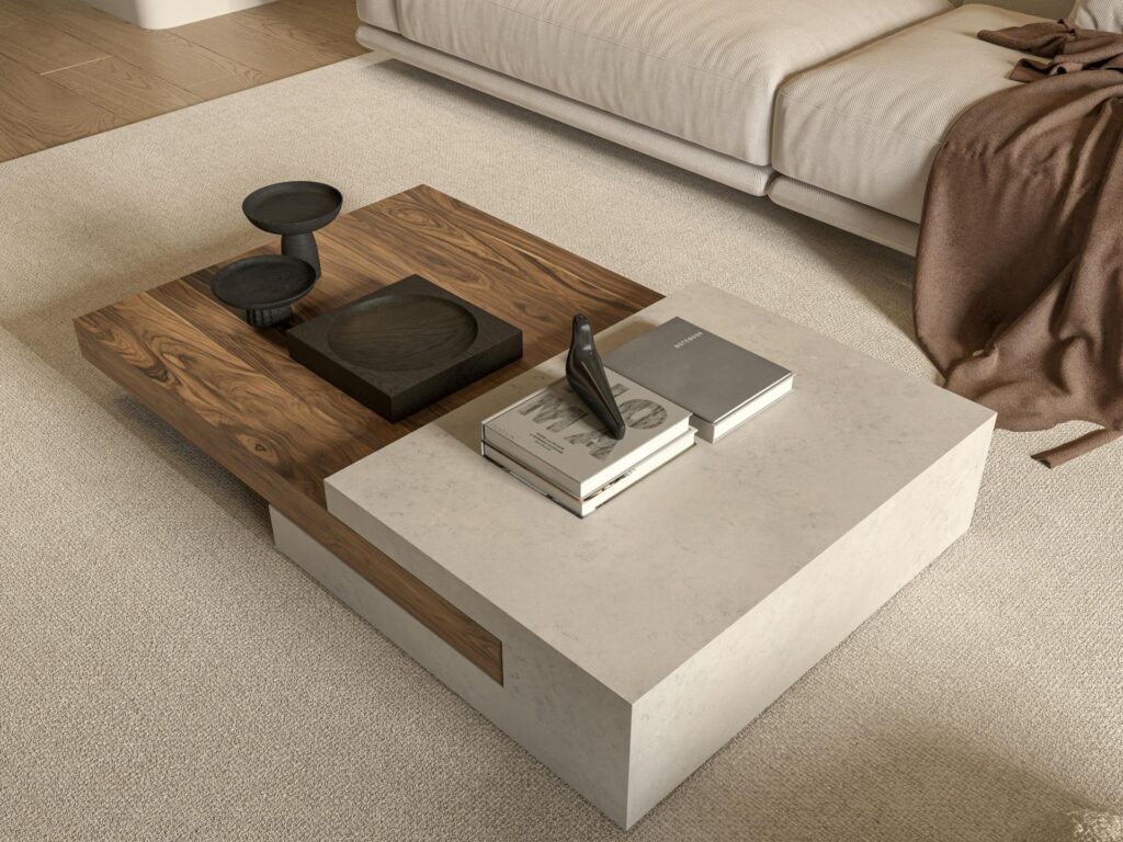 concrete and wood coffee table with black vase