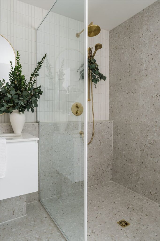 Walk-in shower with terrazzo tiles