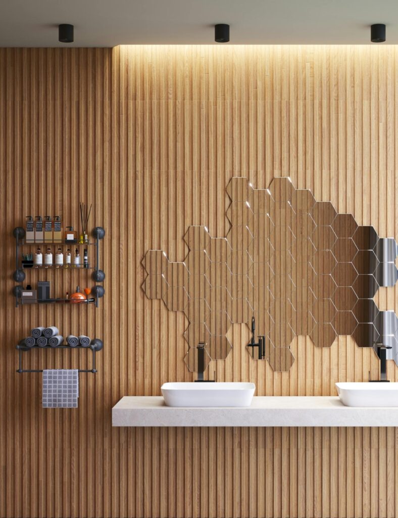 Bathroom Renovation North Vancouver with slat wall paneling and hexagon mirrors