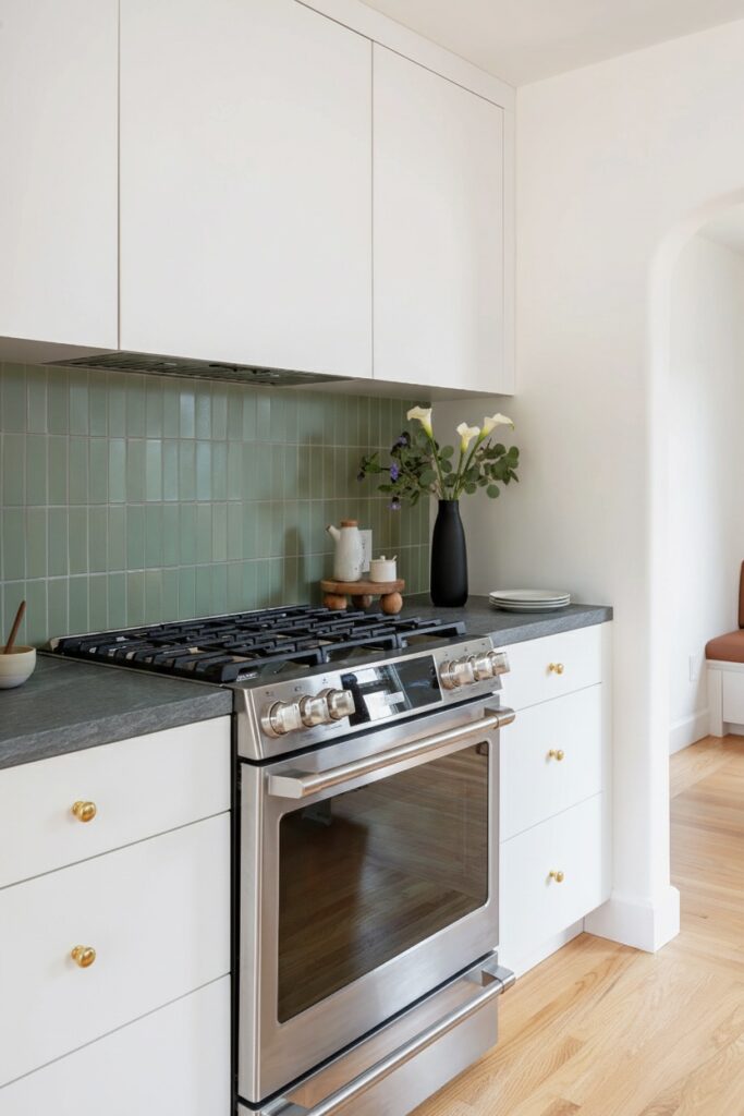 Sage green vertical stack tile kitchen backsplash trends for 2025 luxury home renovation by QUAY Construction.