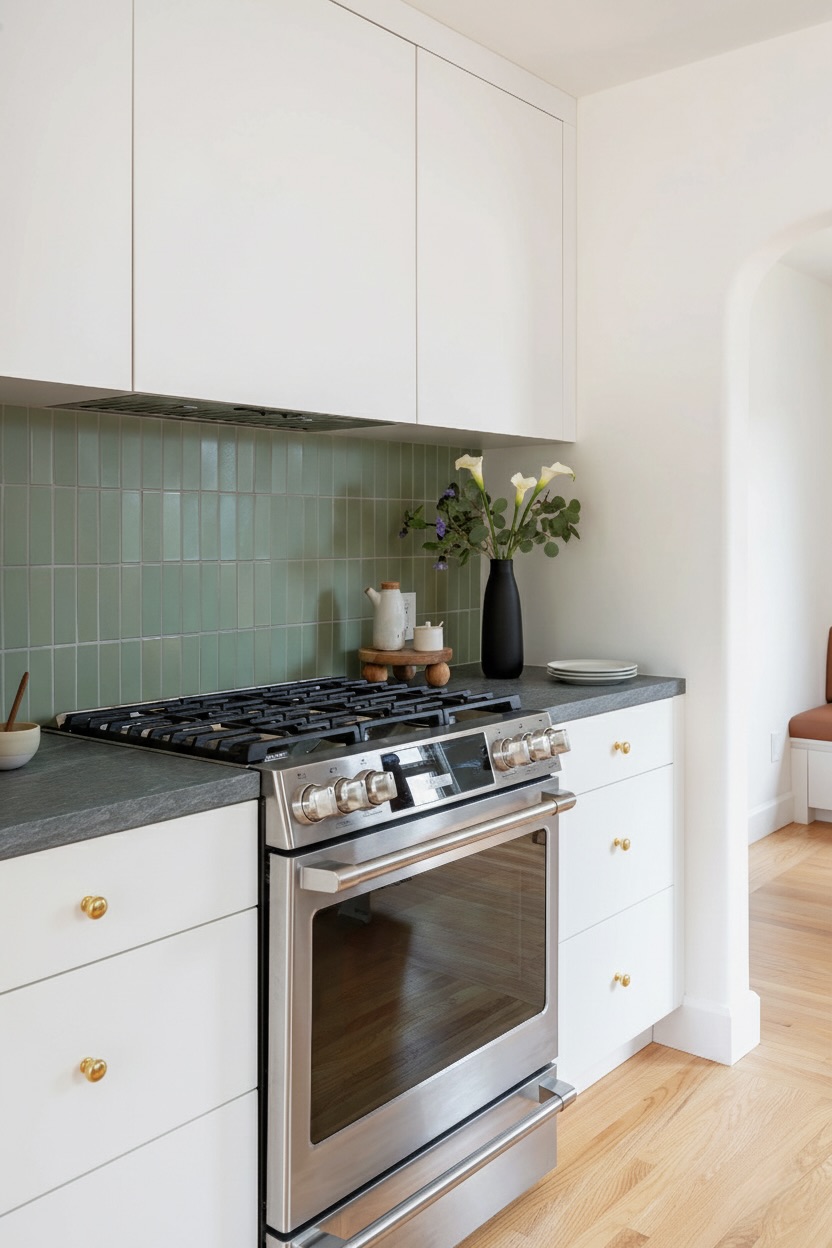 Sage green vertical stack tile kitchen backsplash trends for 2025 luxury home renovation by QUAY Construction.