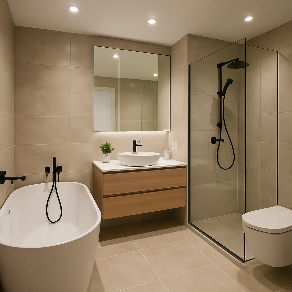 Luxury bathroom remodel in Vancouver by Quay Construction featuring a freestanding tub, glass walk-in shower, and floating wood vanity.