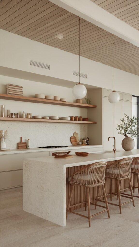 Boho Kitchen with oak cabinets and open shelving