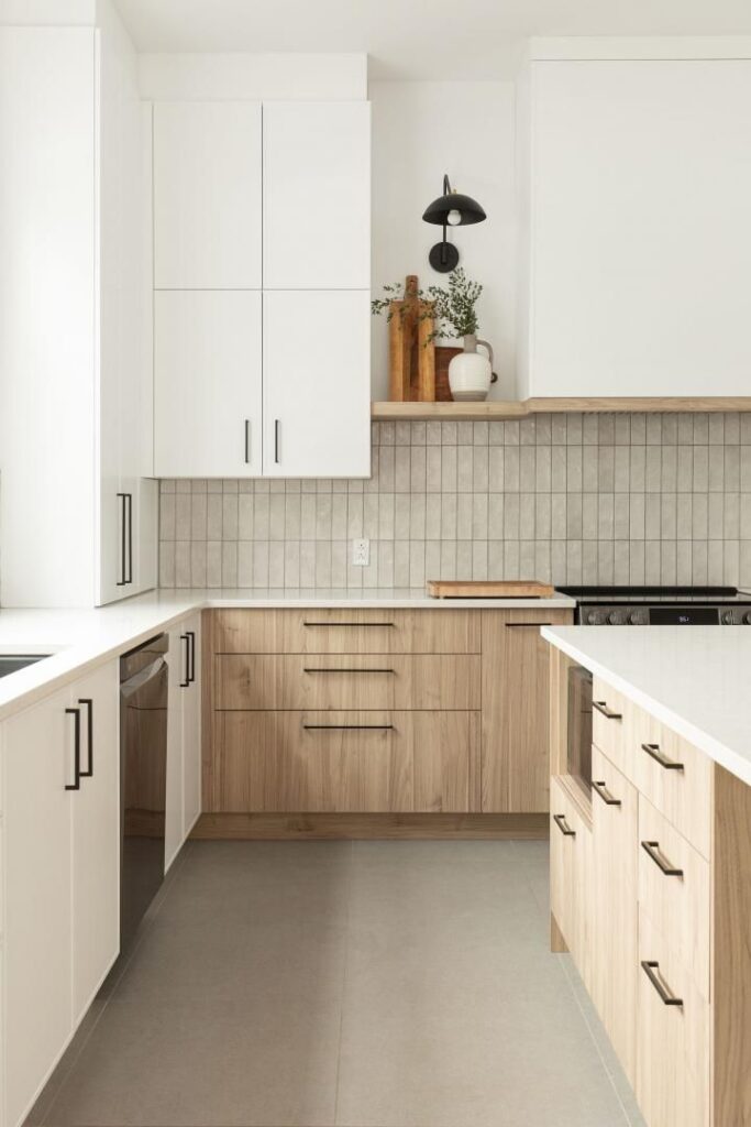 Scandinavian kitchen with white and oak cabinets