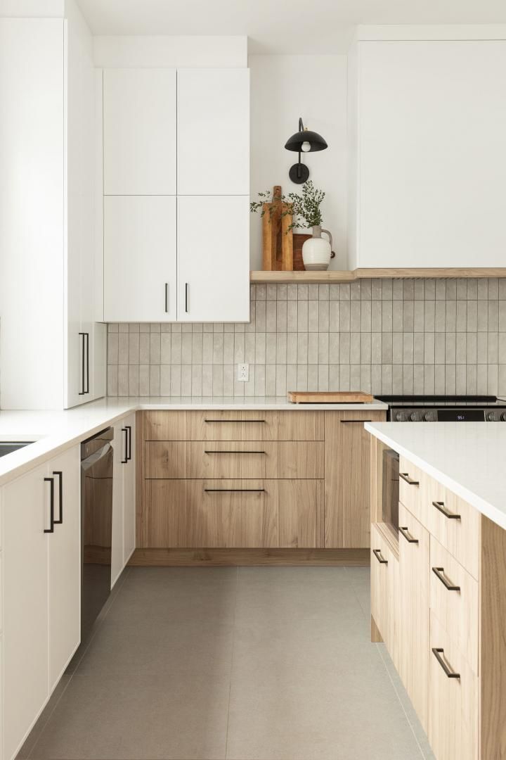 Scandinavian kitchen with white and oak cabinets