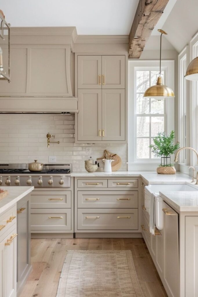 Traditional Kitchen with beige cabinets and gold pendants