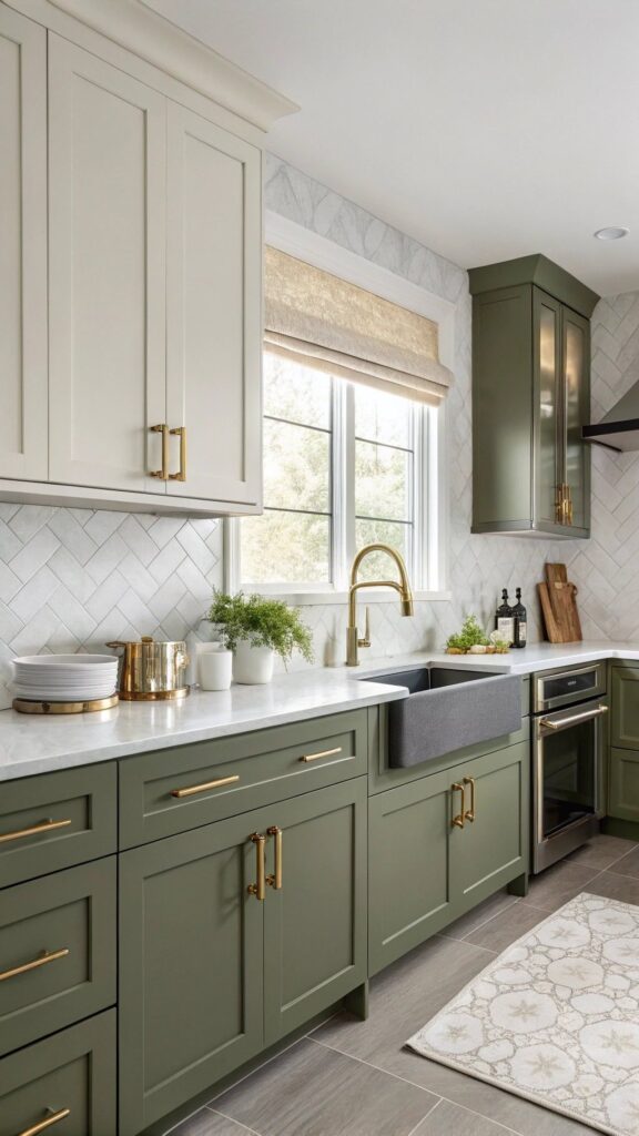 Green kitchen cabinets with concrete farmhouse sink
