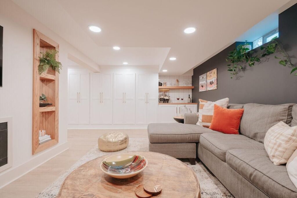 Vancouver basement living room with custom storage millwork