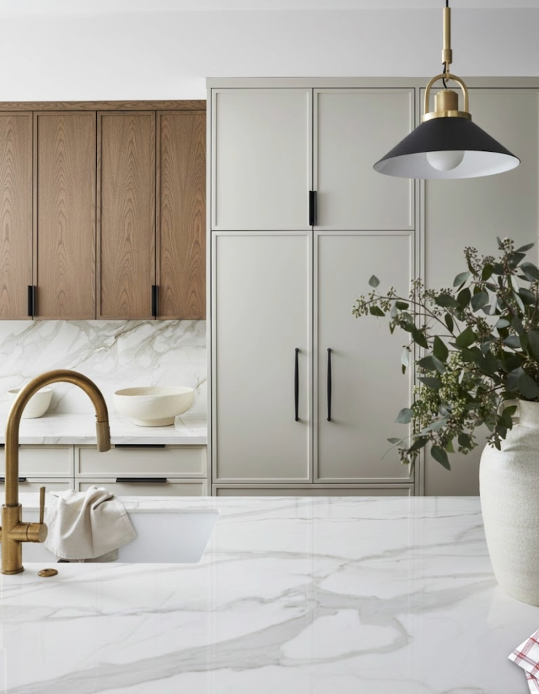 Luxury Central Coquitlam kitchen renovation with marble waterfall island, brushed gold fixtures, two-tone cabinetry, and designer pendant lighting by QUAY Construction