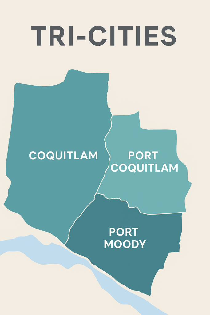 Map of the Tri-Cities region in BC showing Coquitlam, Port Coquitlam, and Port Moody boundaries for renovation cost comparison