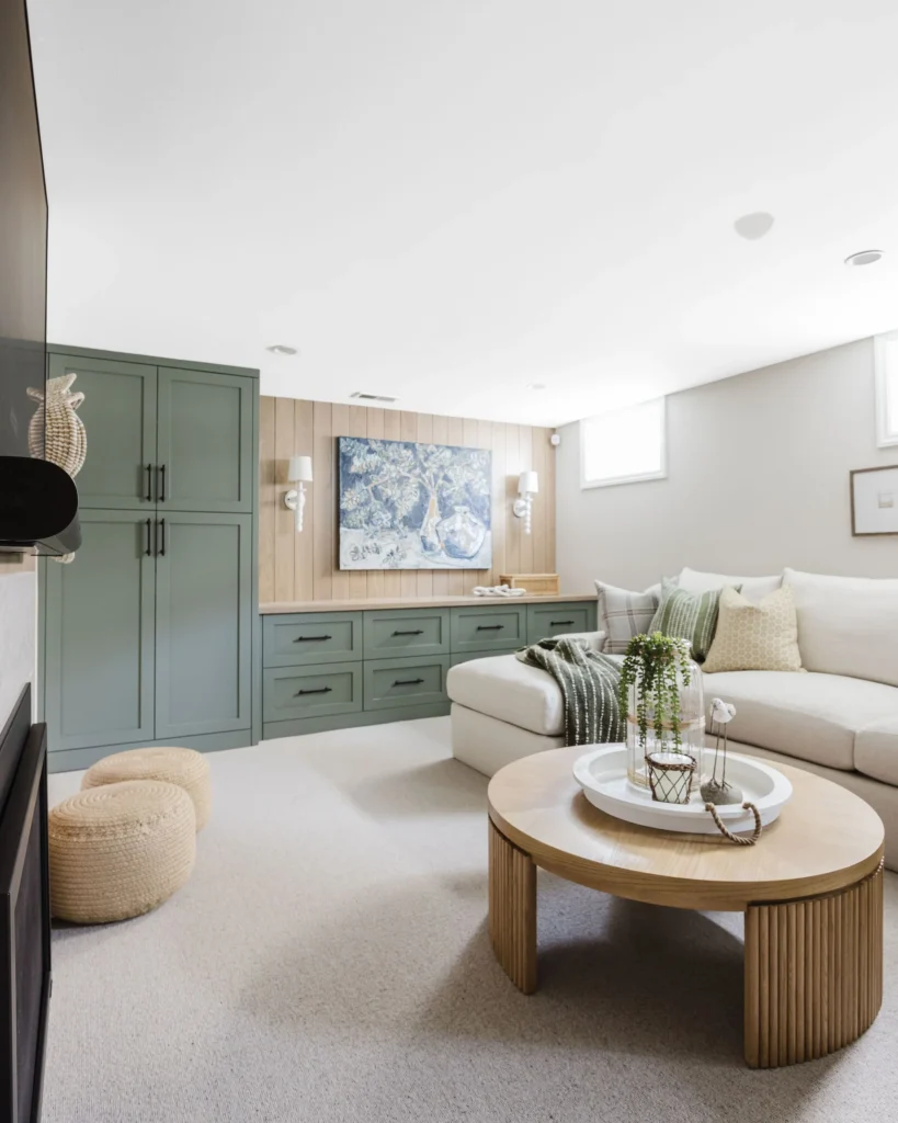 Spacious and bright basement finishing in Vancouver by Quay Construction, featuring an open-concept living area with neutral tones and modern recessed lighting.