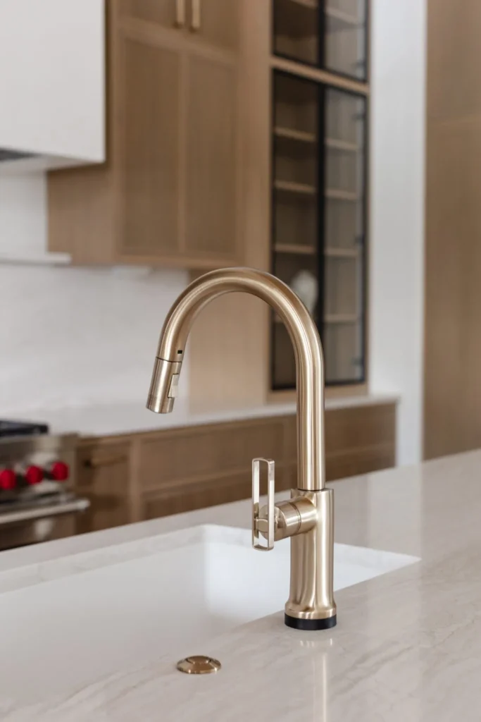 High-end kitchen renovation in North Vancouver by Quay Construction featuring a brushed gold pull-down faucet, marble countertops, and custom oak cabinetry.