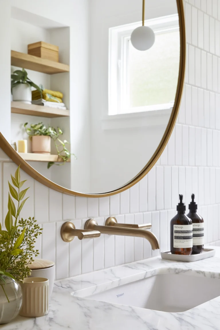 A modern bathroom from a home renovation in West End Vancouver featuring a round gold-rimmed mirror, wall-mounted brass faucet, and white vertical subway tiles.
