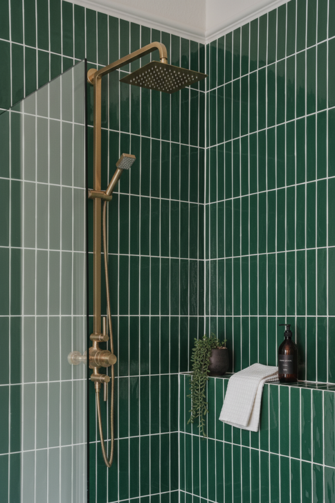 Close-up of a Burnaby bathroom vanity by QUAY Construction featuring a matte blue vessel sink, gold wall-mounted faucet, and white vertical tiles.