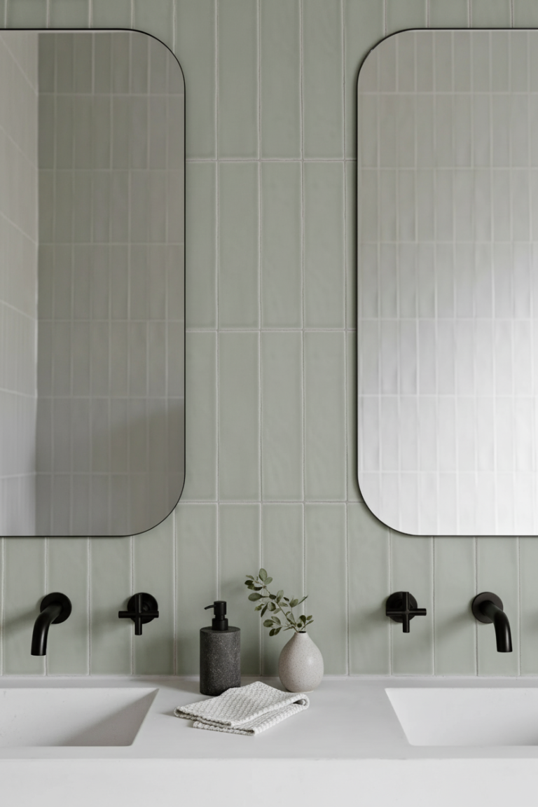 Detalle de renovación de baño en Richmond por QUAY Construction con pared de piedra estriada orgánica, accesorios negros mate y encimera de mármol.