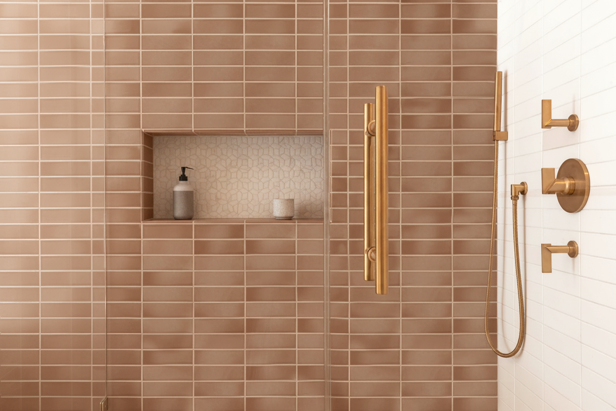 A luxury bathroom renovation in West Vancouver by Quay Construction featuring a spa-like walk-in shower with white vertical kit-kat tiles and premium brushed gold fixtures.