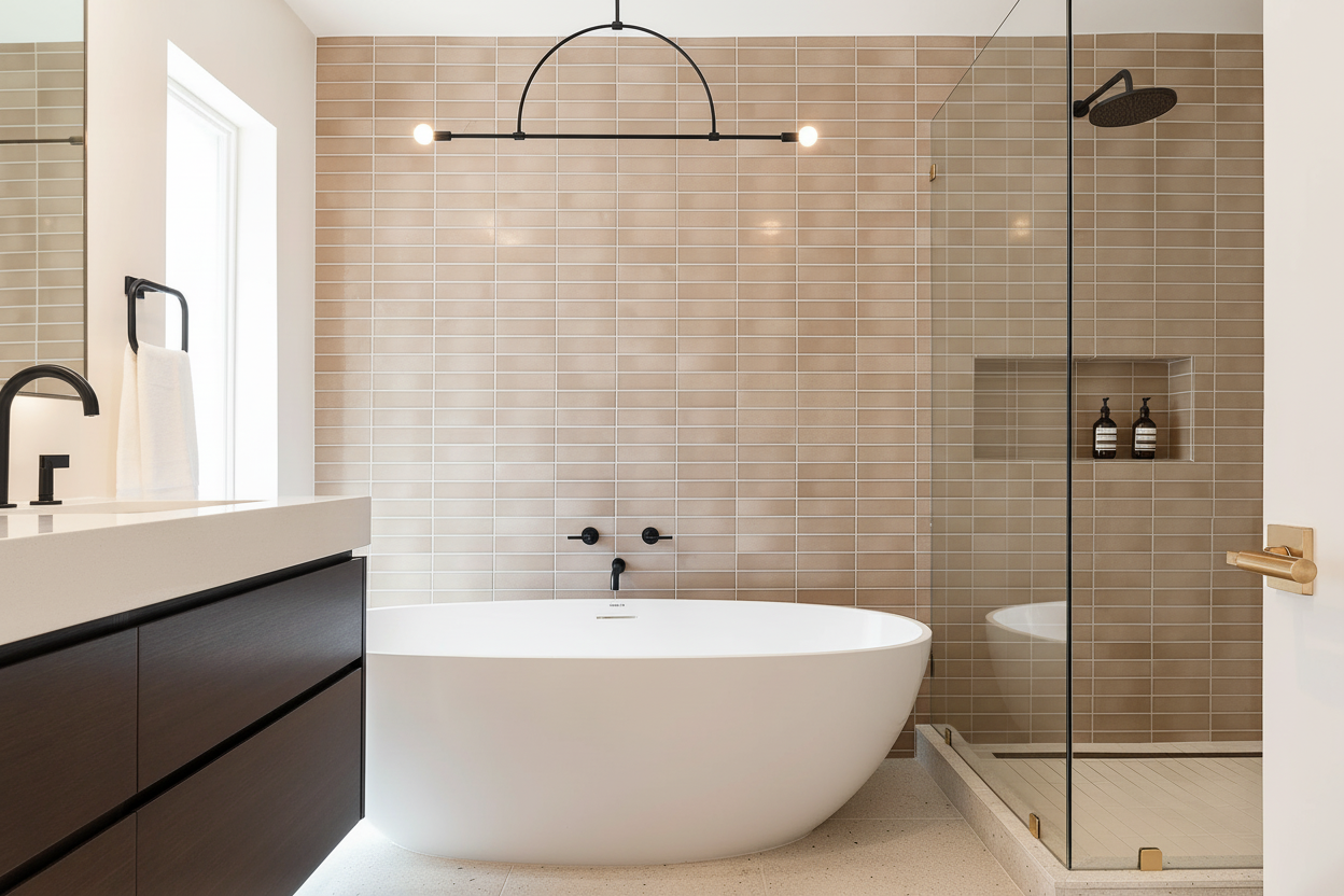 Modern bathroom renovation in Burnaby by QUAY Construction featuring a white freestanding soaker tub, tan vertical stacked tiles, matte black fixtures, and a glass-enclosed walk-in shower.