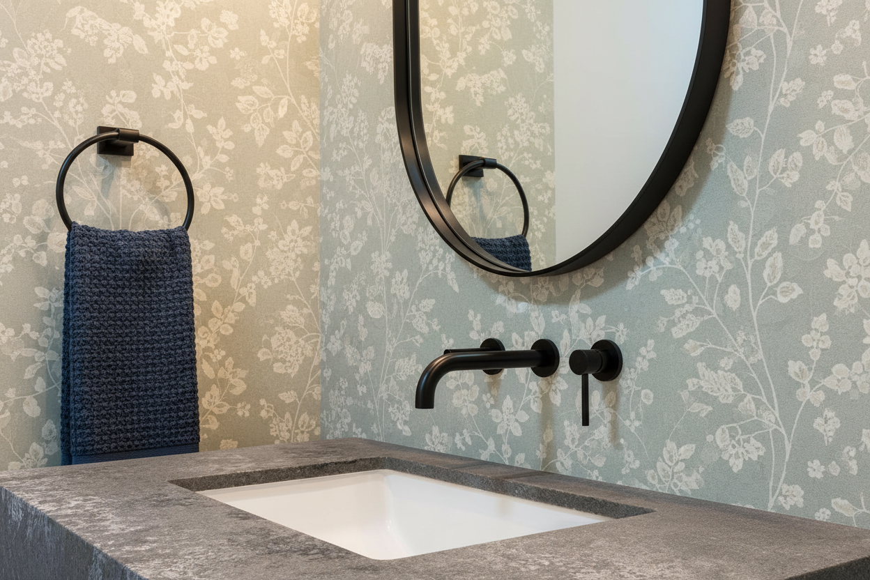 Detalle de renovación de baño en Surrey por QUAY Construction con pared de piedra estriada y accesorios negros