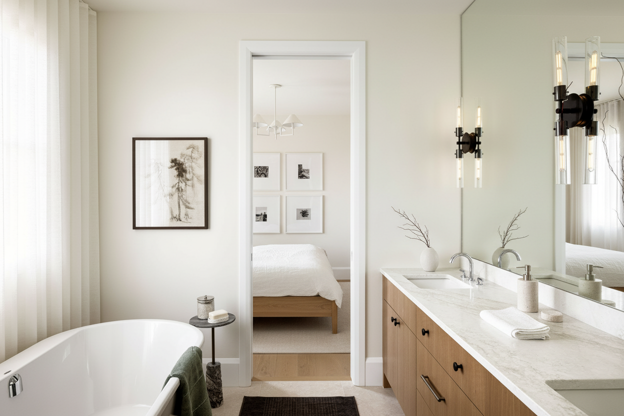 Detalle de renovación de baño en Langley por QUAY Construction con pared de piedra estriada y accesorios negros.