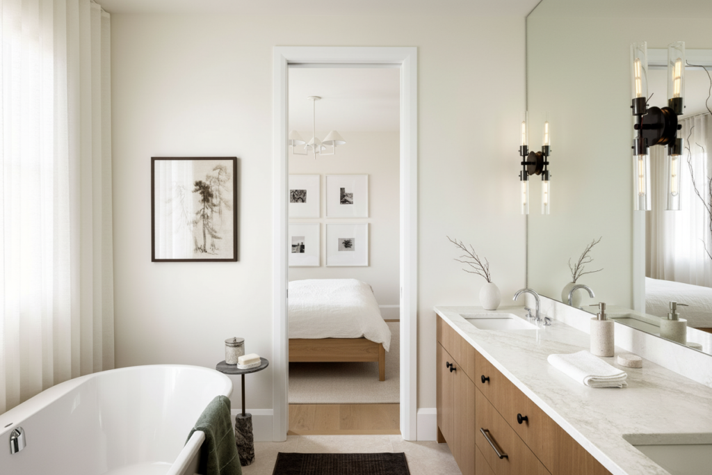 Detail of a Richmond bathroom renovation by QUAY Construction featuring fluted stone wall panels, a minimalist sink, and matte black accessories.