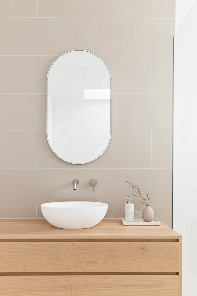 Detalle de renovación de baño en Richmond por QUAY Construction con pared de piedra estriada de lujo, accesorios en negro mate y lavabo minimalista.