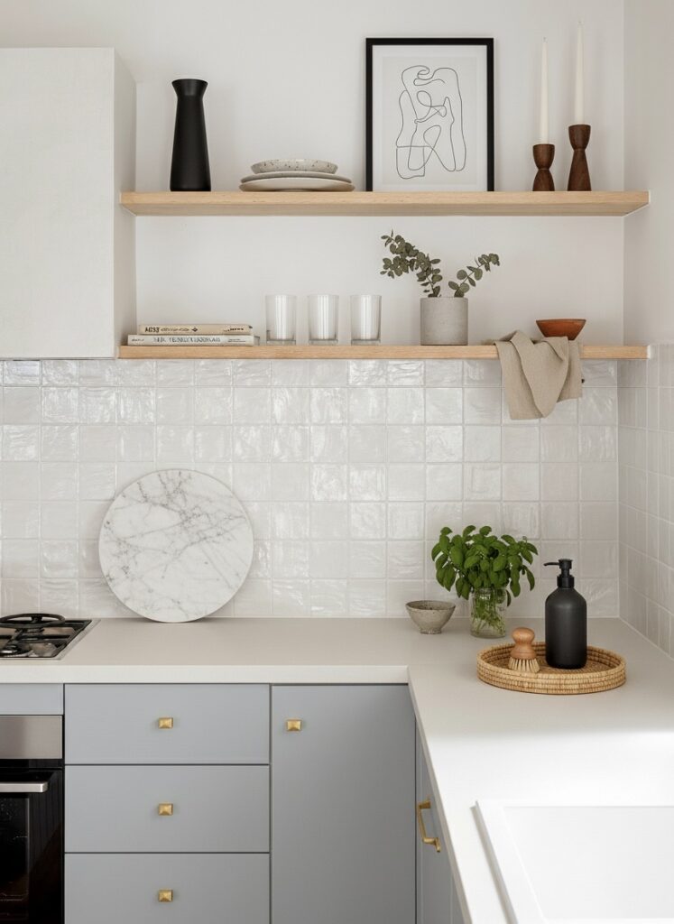 Modern kitchen renovation Vancouver featuring light blue cabinets, gold hardware, and white zellige tile backsplash.