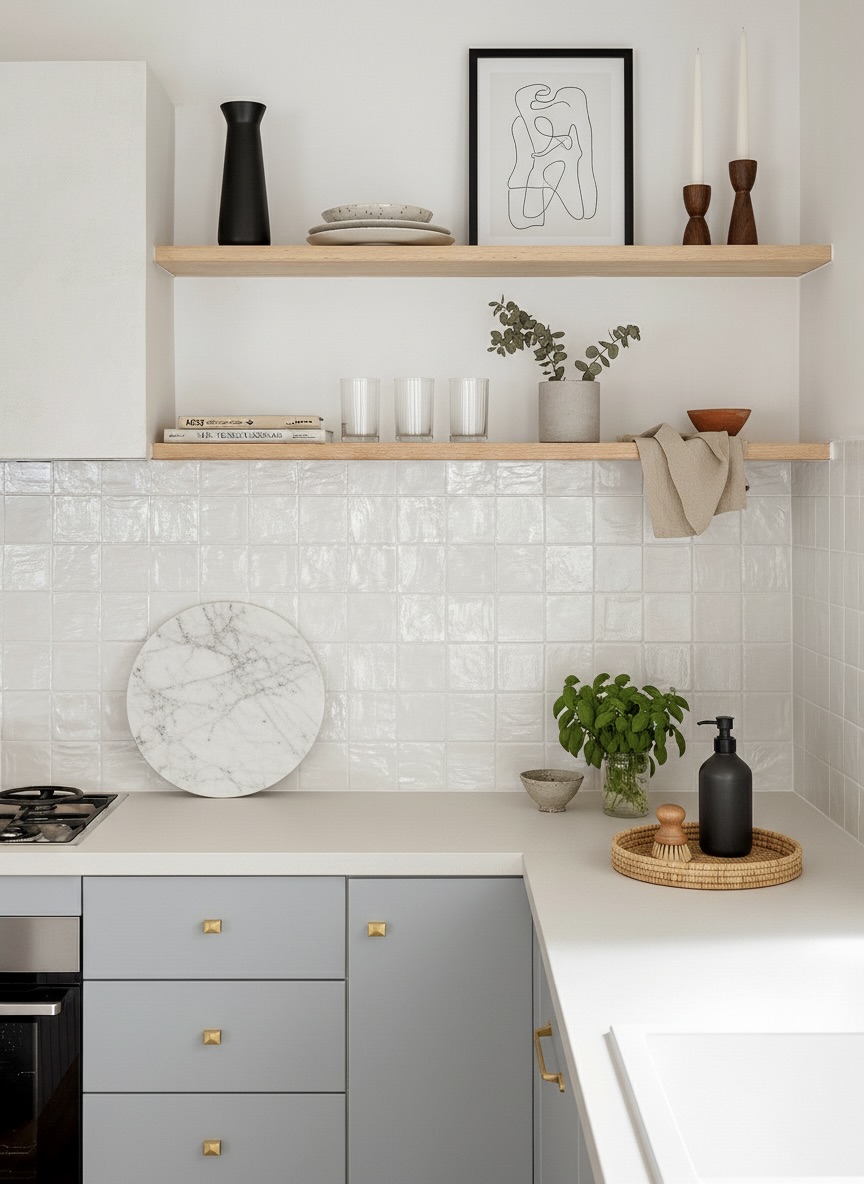 Modern kitchen renovation Vancouver featuring light blue cabinets, gold hardware, and white zellige tile backsplash.