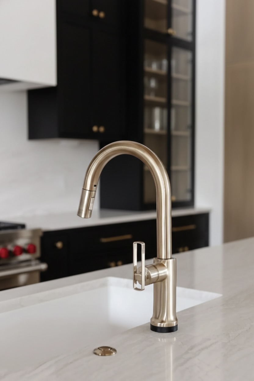 Modern kitchen renovation in Vancouver featuring matte black cabinetry, white marble countertops, and a gold gooseneck faucet.