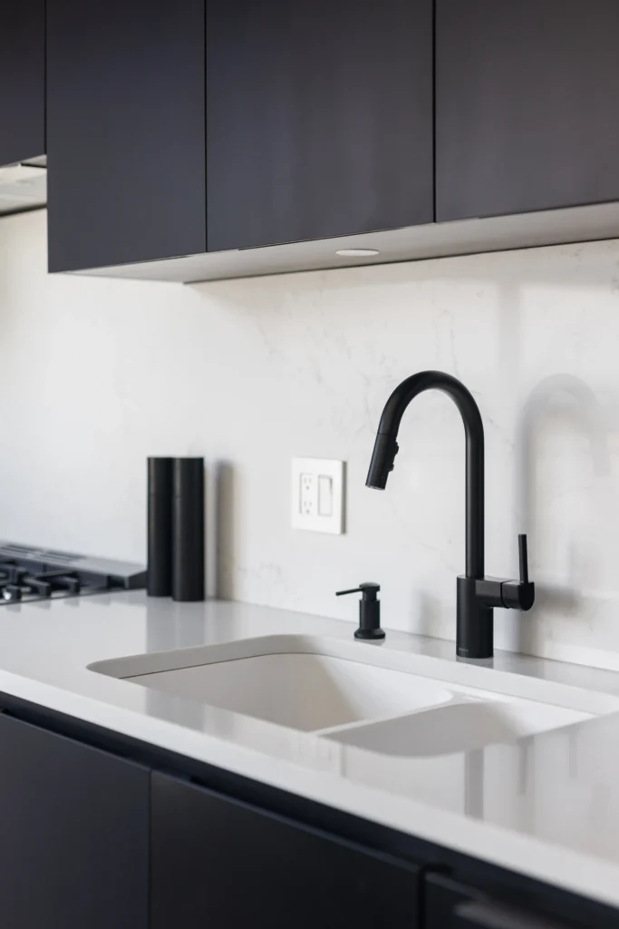 A variety of kitchen cabinet door styles in Vancouver, featuring green shaker, navy blue, and rustic wood finishes.