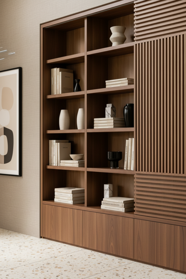 Custom wood millwork and integrated shelving from luxury home renovations downtown Vancouver project.