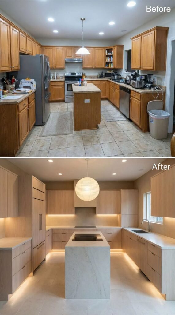 Before and after comparison of a resale value kitchen remodel showing a major home value increase Vancouver.