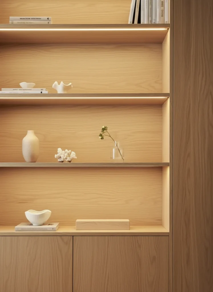 Custom light oak shelving with integrated LED strip lighting and minimalist decor for a home renovation in Westwood.