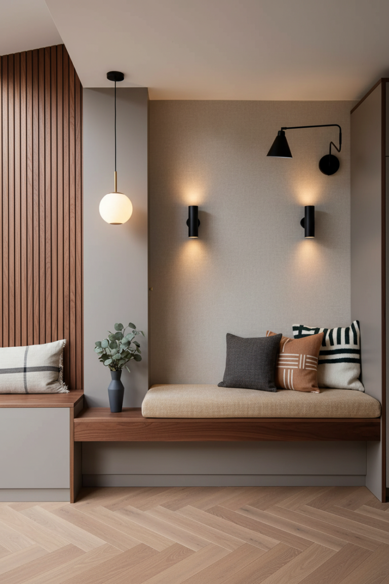 Modern home renovations Strathcona Vancouver showcasing a custom wood-slat wall, built-in bench, and designer lighting.