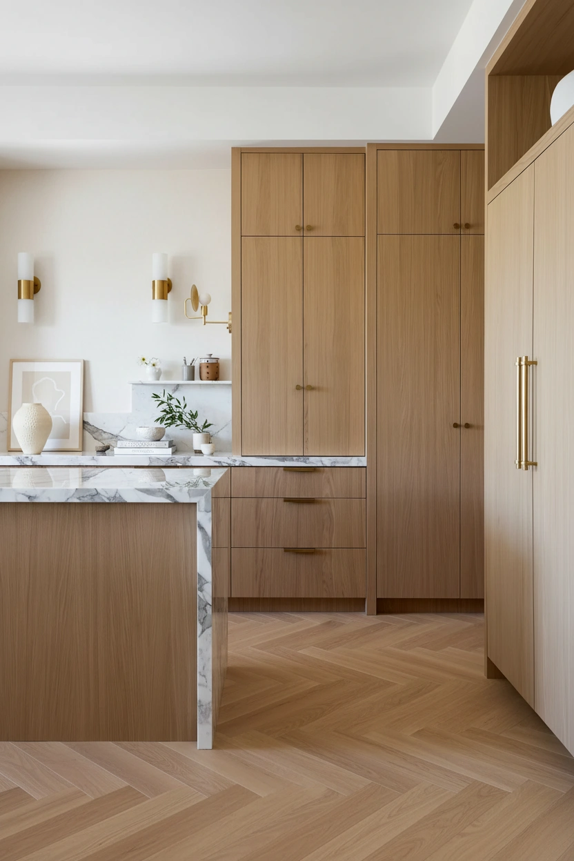 Modern flat-panel wood kitchen cabinet door styles in a Vancouver home renovation with marble counters and brass hardware.