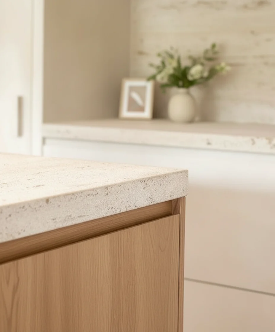 Modern Vancouver kitchen with oak cabinetry and stone counters after a load bearing wall removal project.
