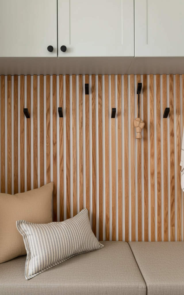 Modern Vancouver secondary suite mudroom featuring wood slat walls and custom millwork to increase rental property value.