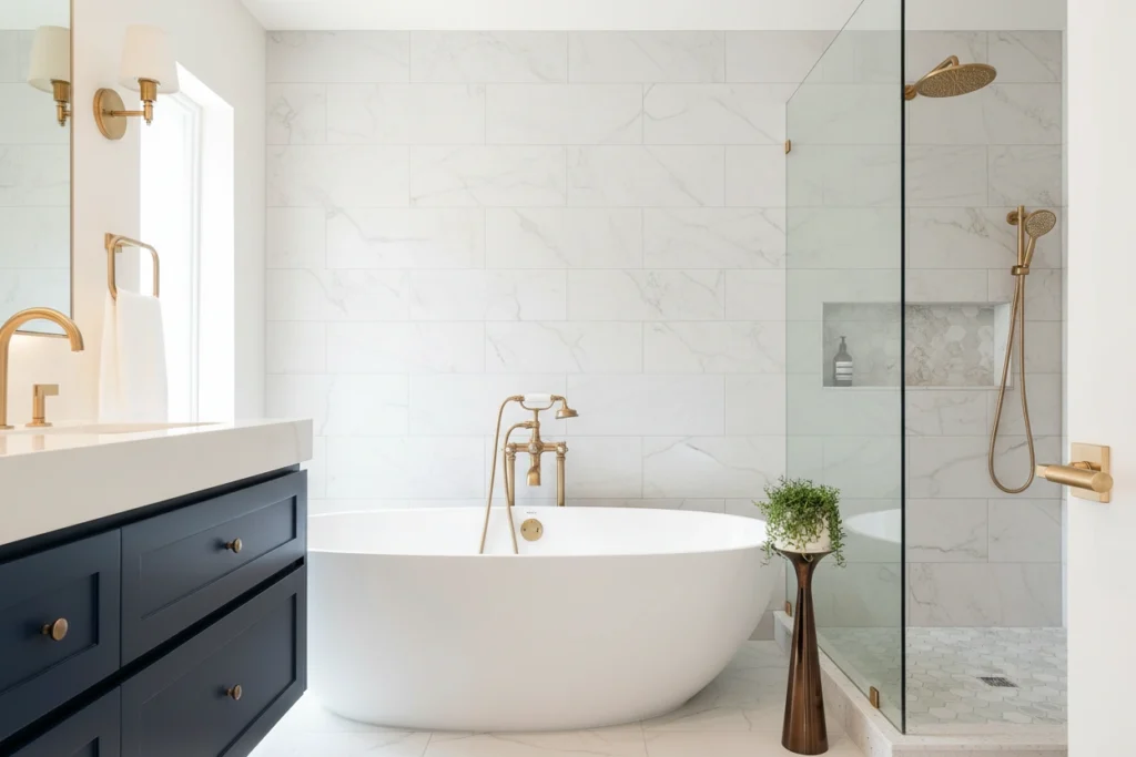 Luxury bathroom renovation North Vancouver featuring a white freestanding tub, gold fixtures, and marble wall tile.