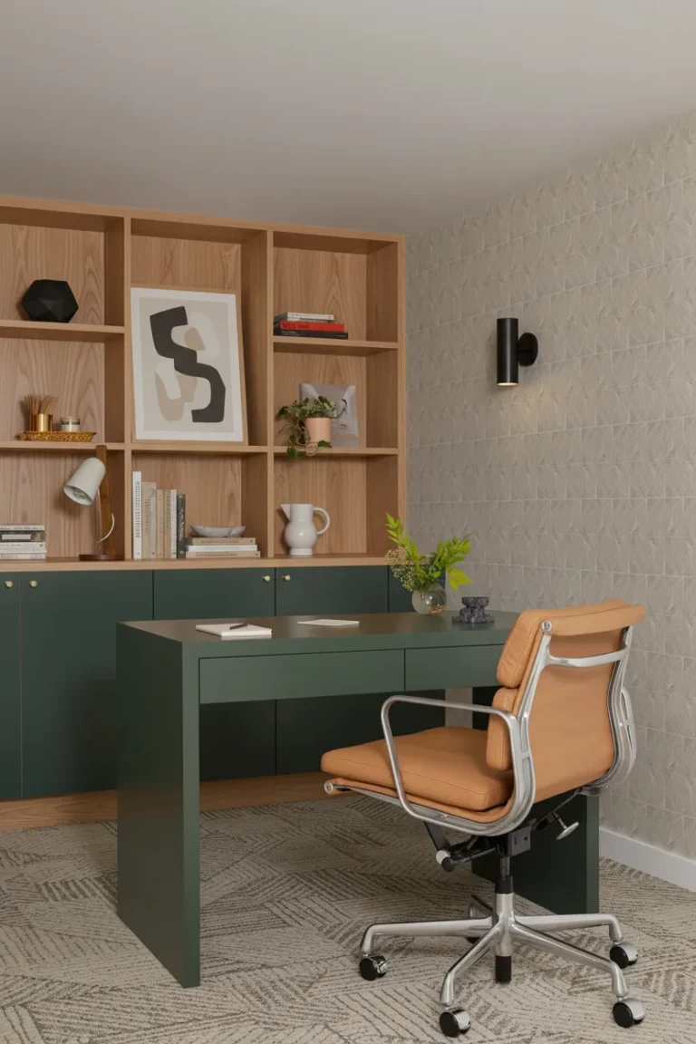 Luxury Burnaby basement renovation featuring a custom home office with green millwork and oak shelving.