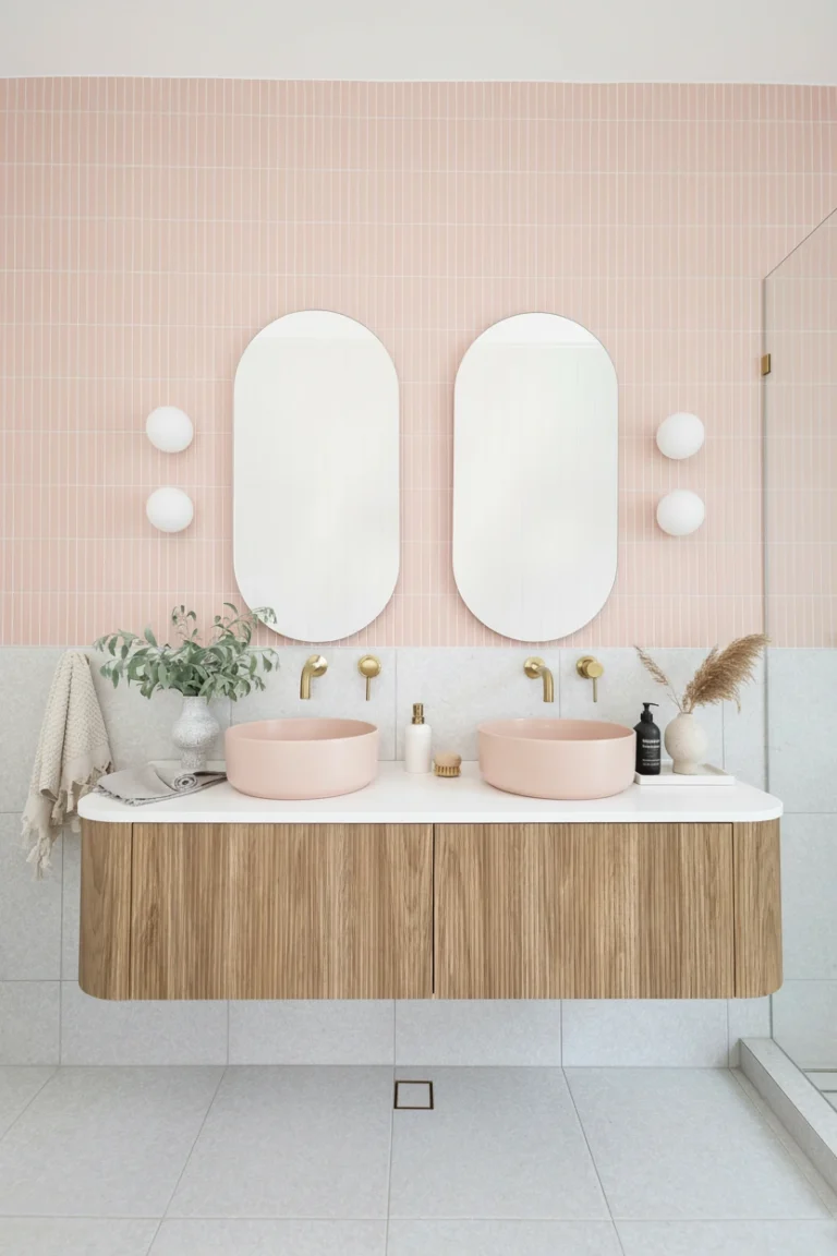 Modern bathroom with pink vessel sinks, fluted wood vanity, and gold fixtures for home renovations Gastown.