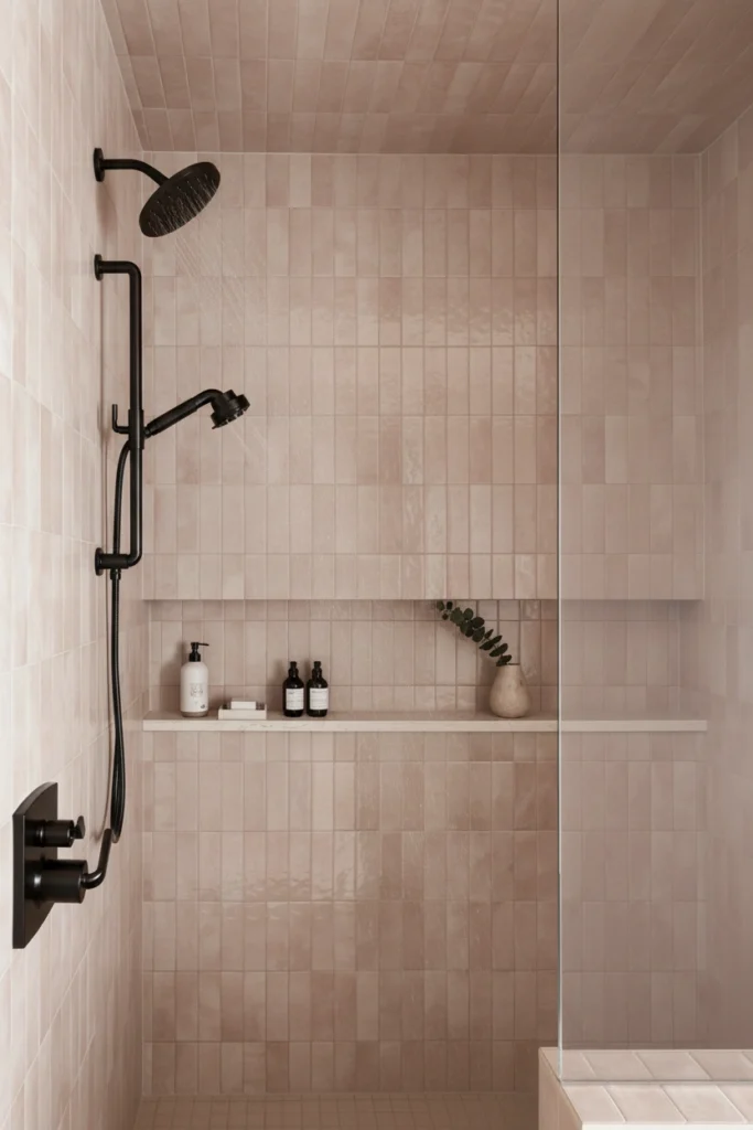 Luxury walk-in shower with vertical blush tiles, matte black hardware, and a built-in niche for a Westwood home renovation.