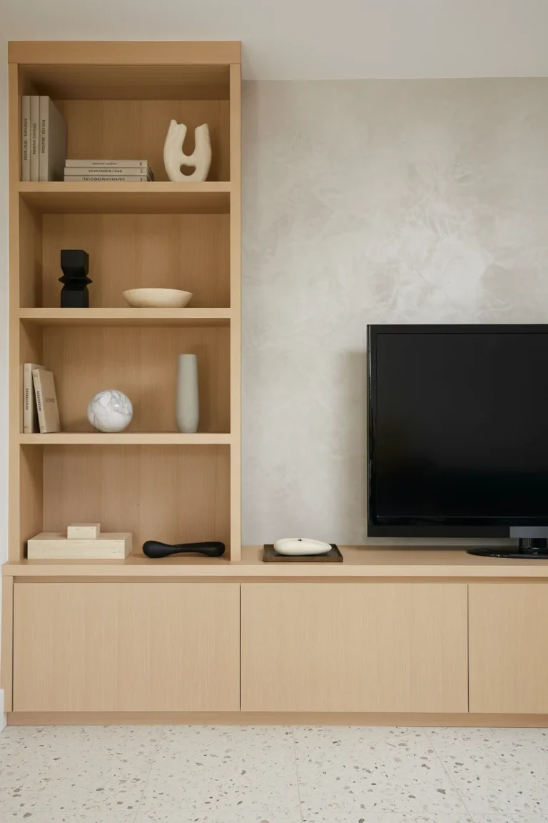 Minimalist custom light wood built-in shelving and media console from a home renovation in Downtown Vancouver by QUAY Construction.