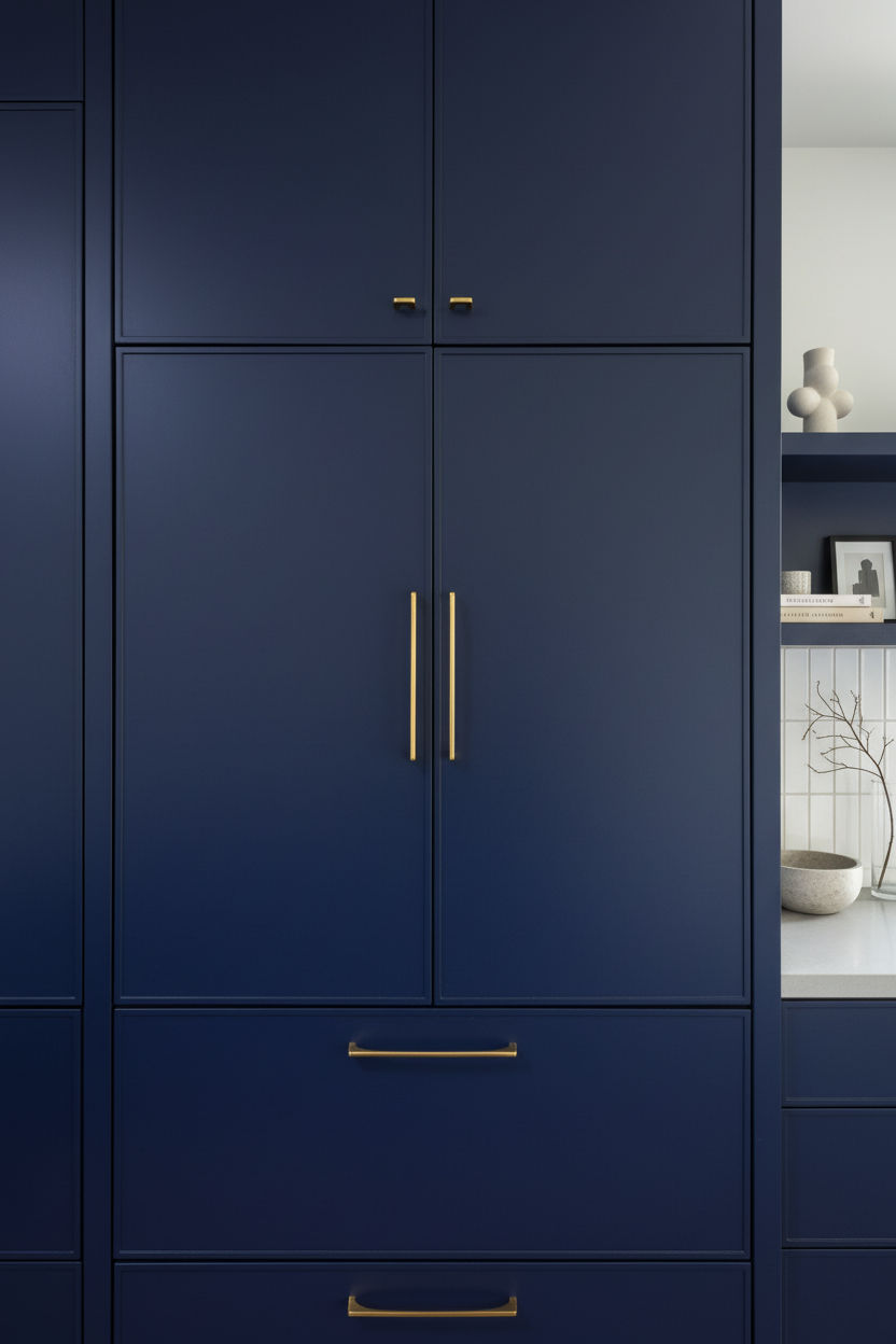 Luxury home renovations in Broadmoor featuring matte navy blue custom cabinetry with elegant gold hardware handles.