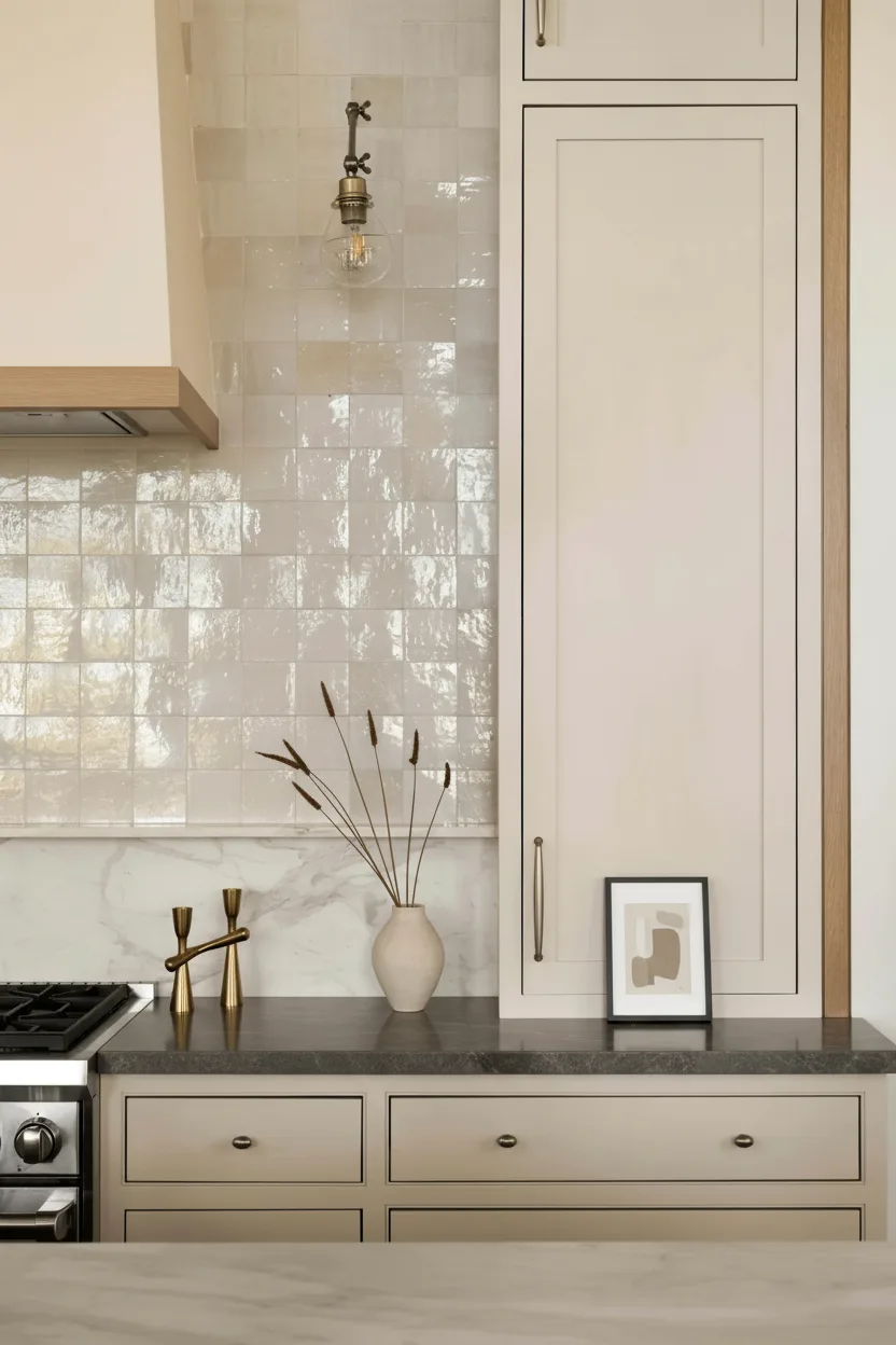 Home renovation Metrotown kitchen with handcrafted Zellige tile backsplash, marble accents, and cream cabinetry.